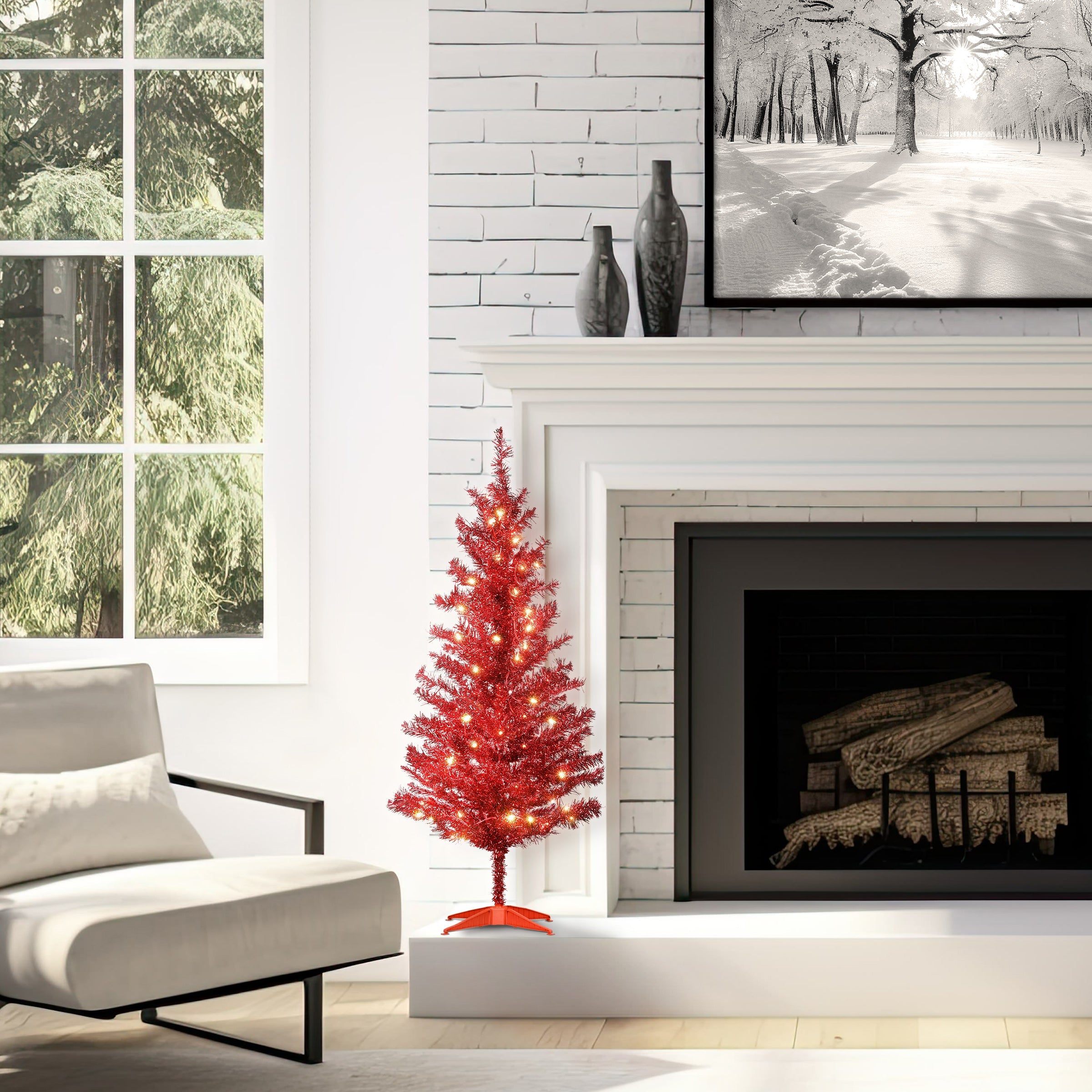4 ft. Pre-Lit Tinsel Collection Red Tree with Clear Lights
