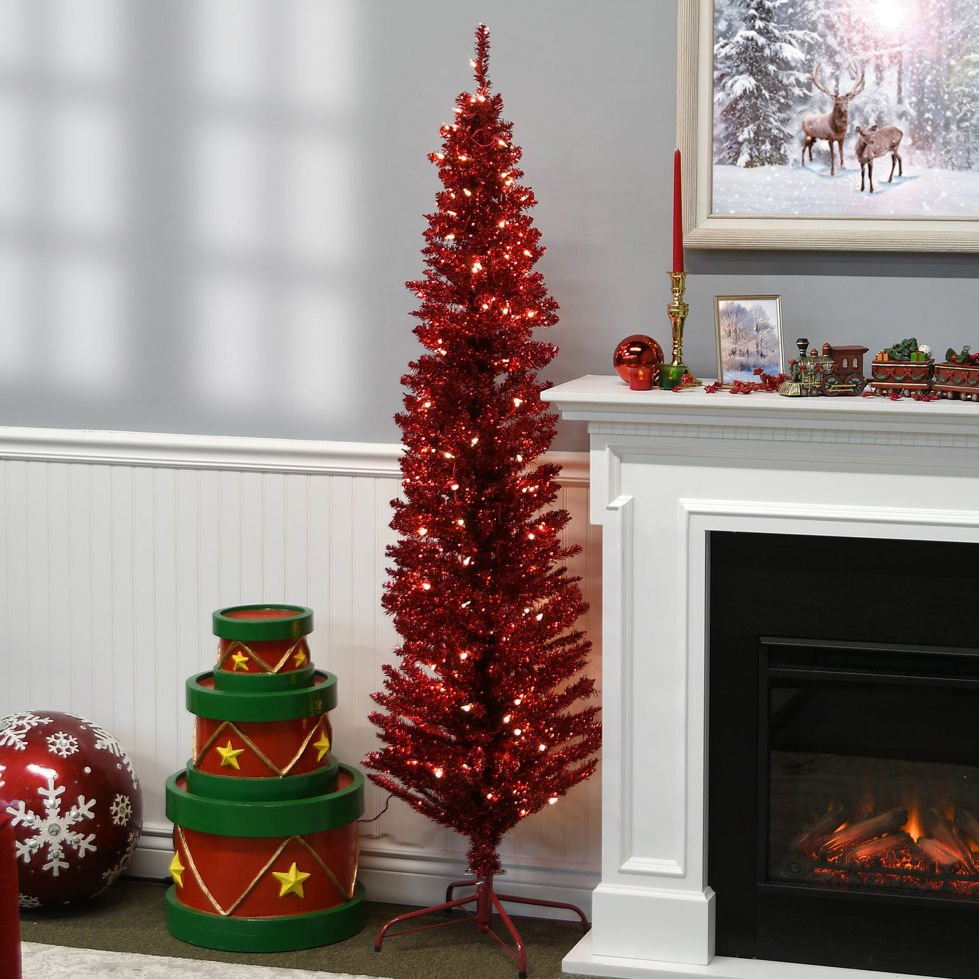 6 ft. Pre-Lit Tinsel Collection Red Tree with Clear Lights
