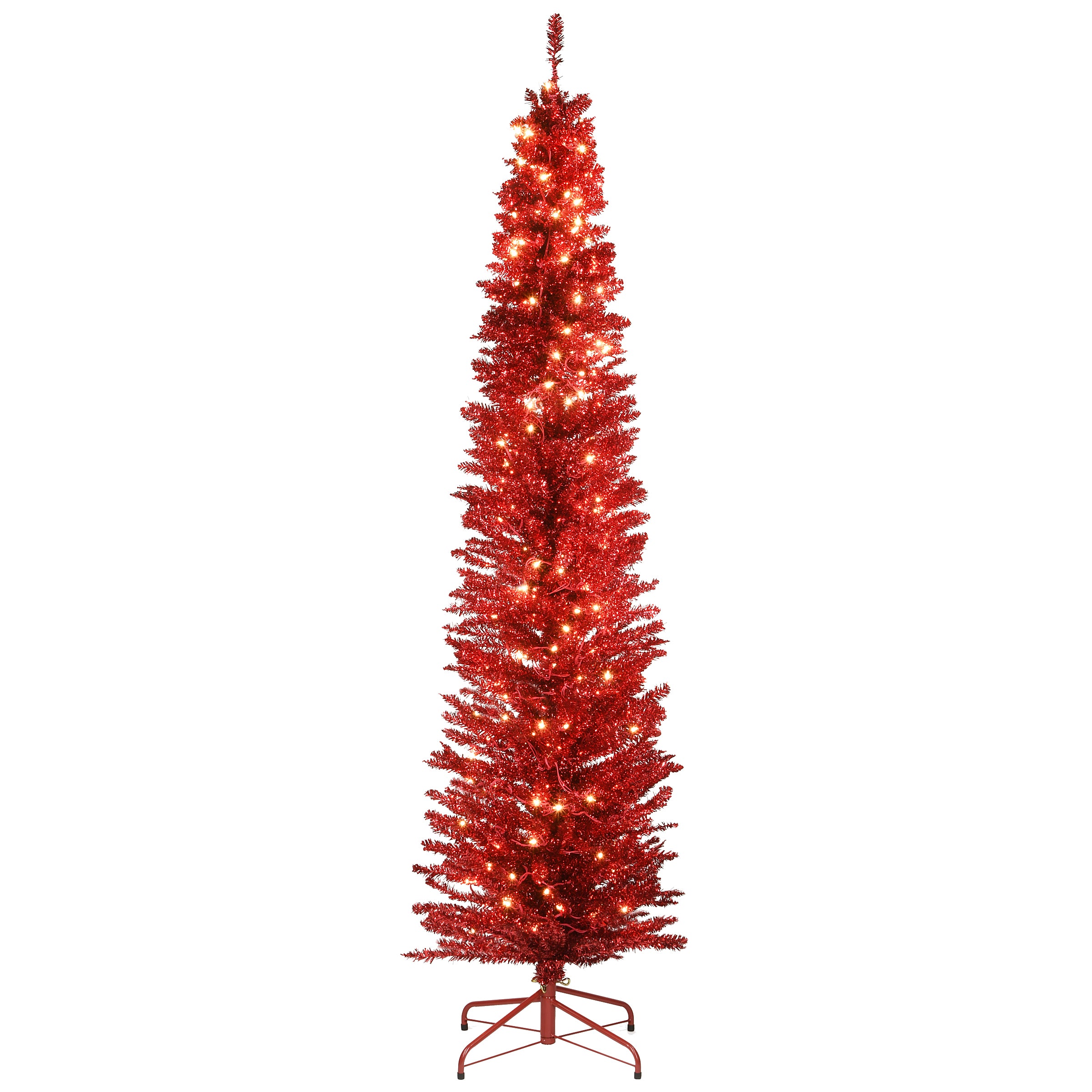 7 ft. Pre-Lit Tinsel Collection Red Tree with Clear Lights