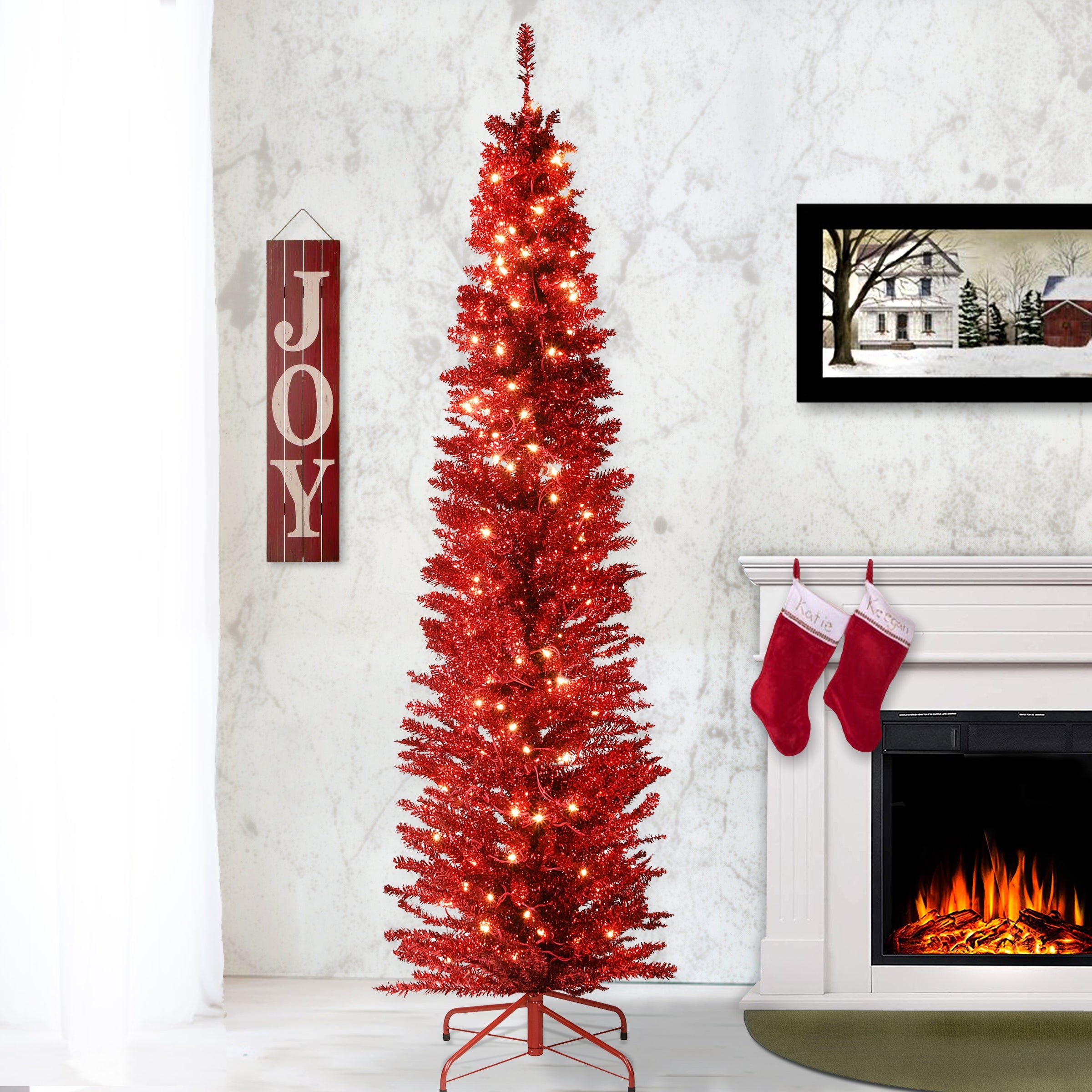 7 ft. Pre-Lit Tinsel Collection Red Tree with Clear Lights