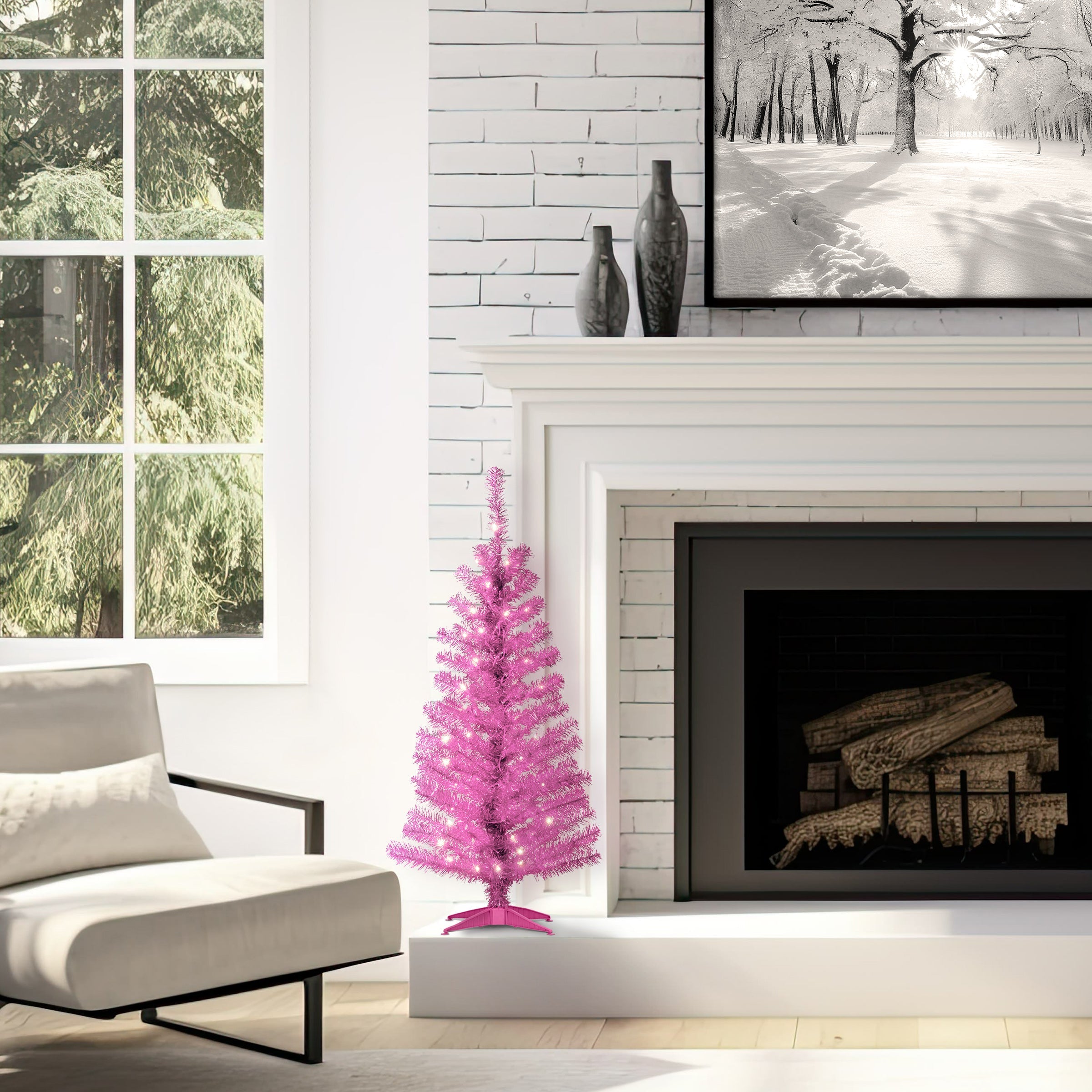 4 ft. Pre-Lit Tinsel Collection Pink Tree with Clear Lights