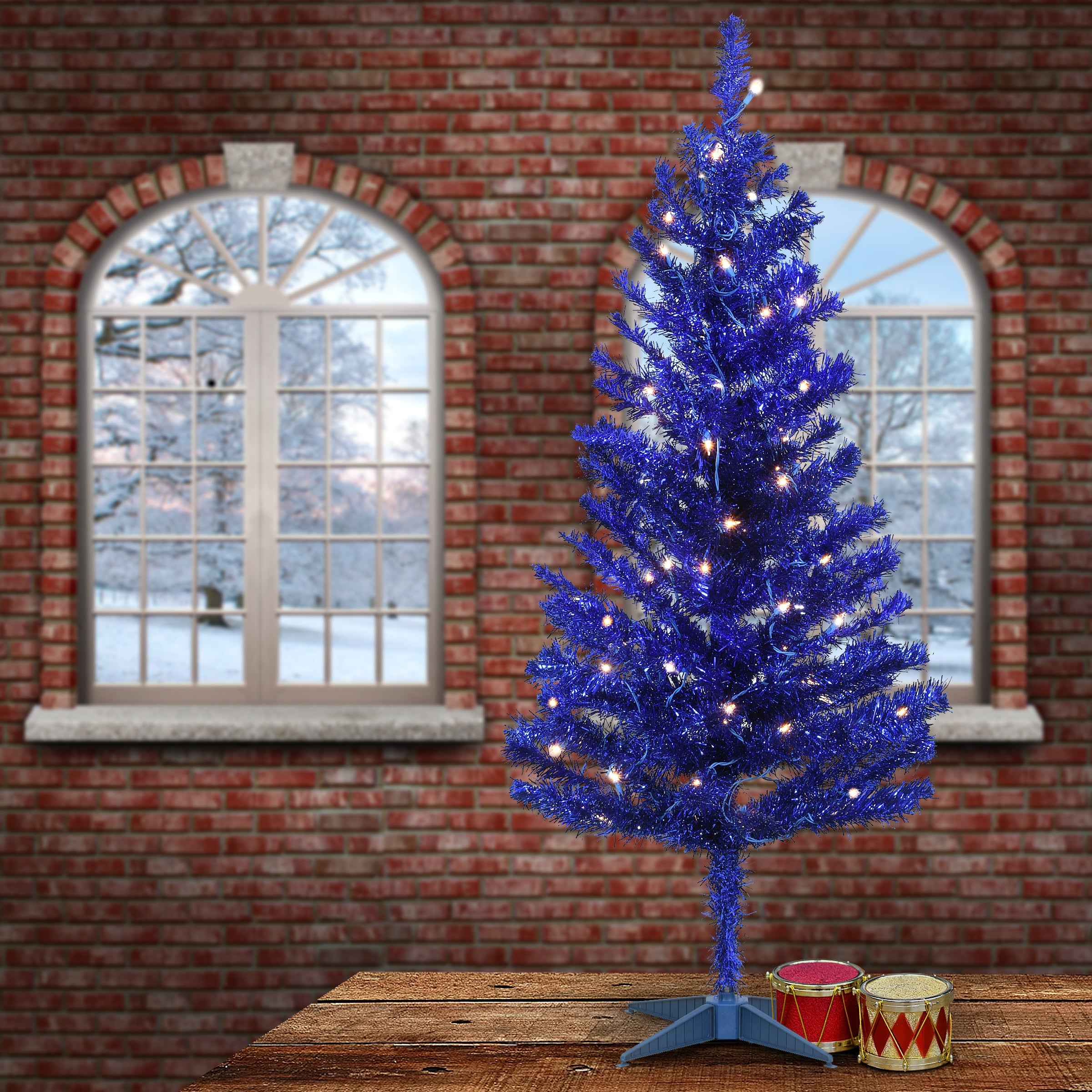 4 ft. Pre-Lit Tinsel Collection Blue Tree with Clear Lights