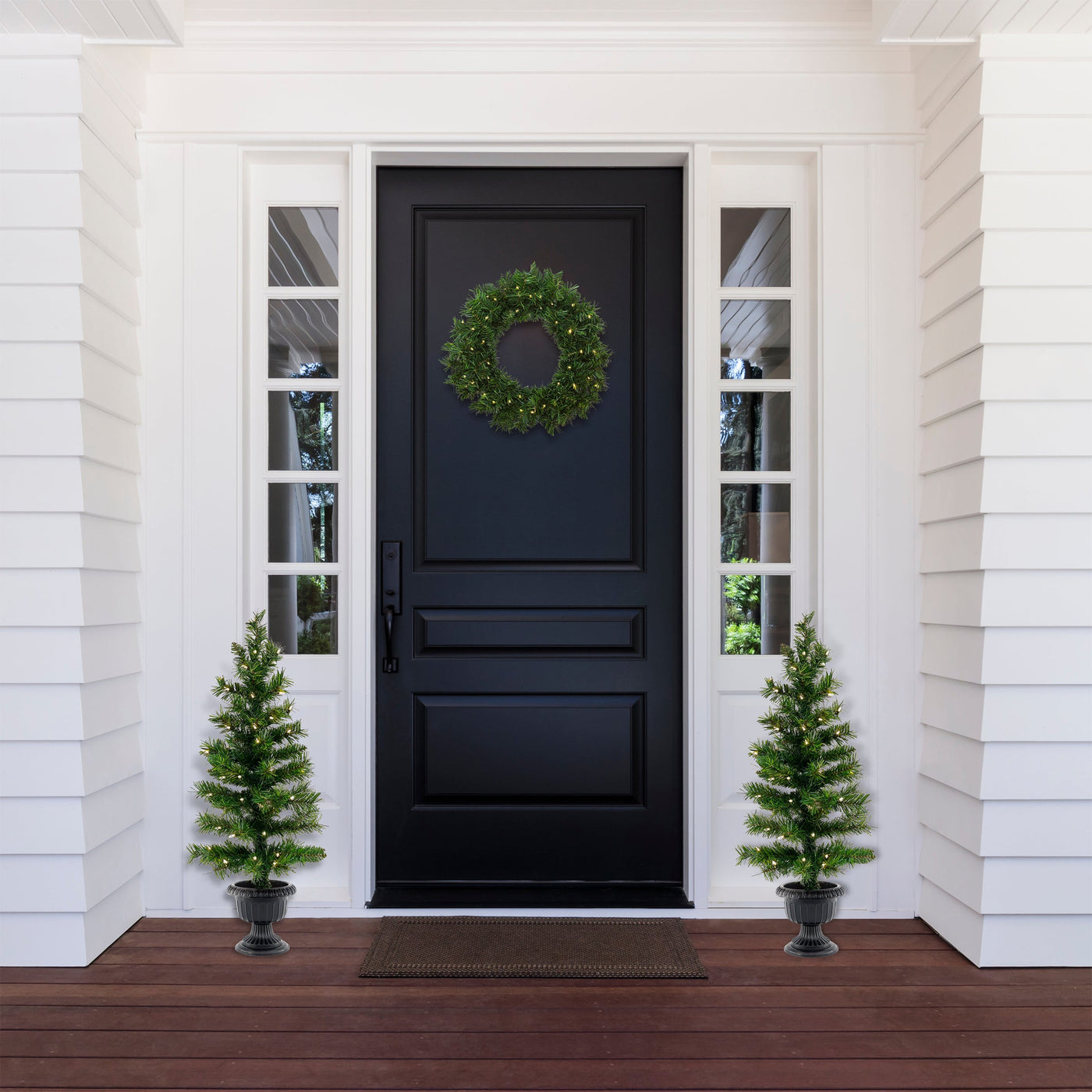 Pre-Lit Warm Welcome Assortment Set of 2 Entrance Trees, 1 Wreath