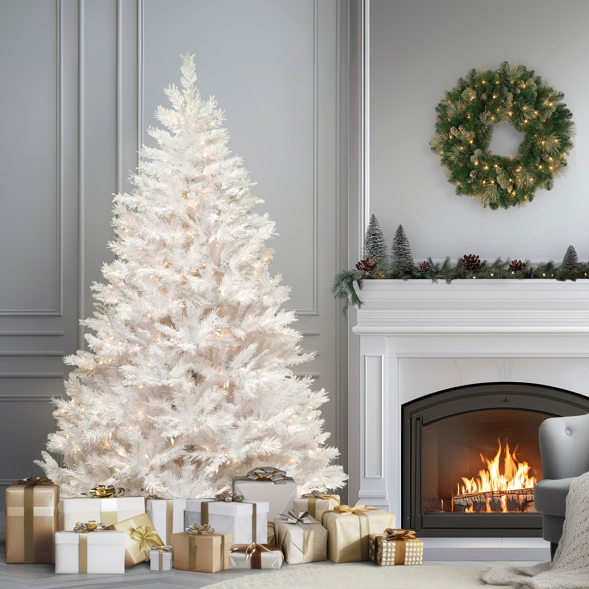7.5 ft. Pre-Lit Winchester Pine White Tree with Clear Lights and Silver Glitter