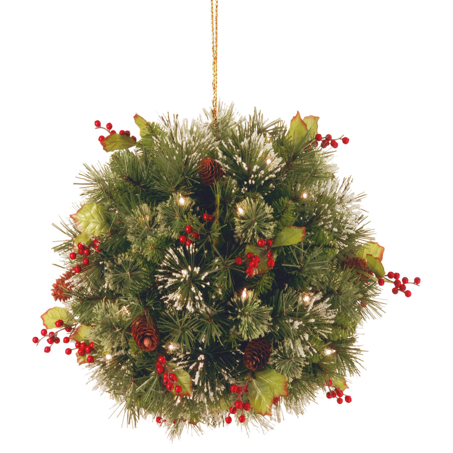 16 in. Pre-Lit Wintry Pine Kissing Ball with Warm White LED Lights