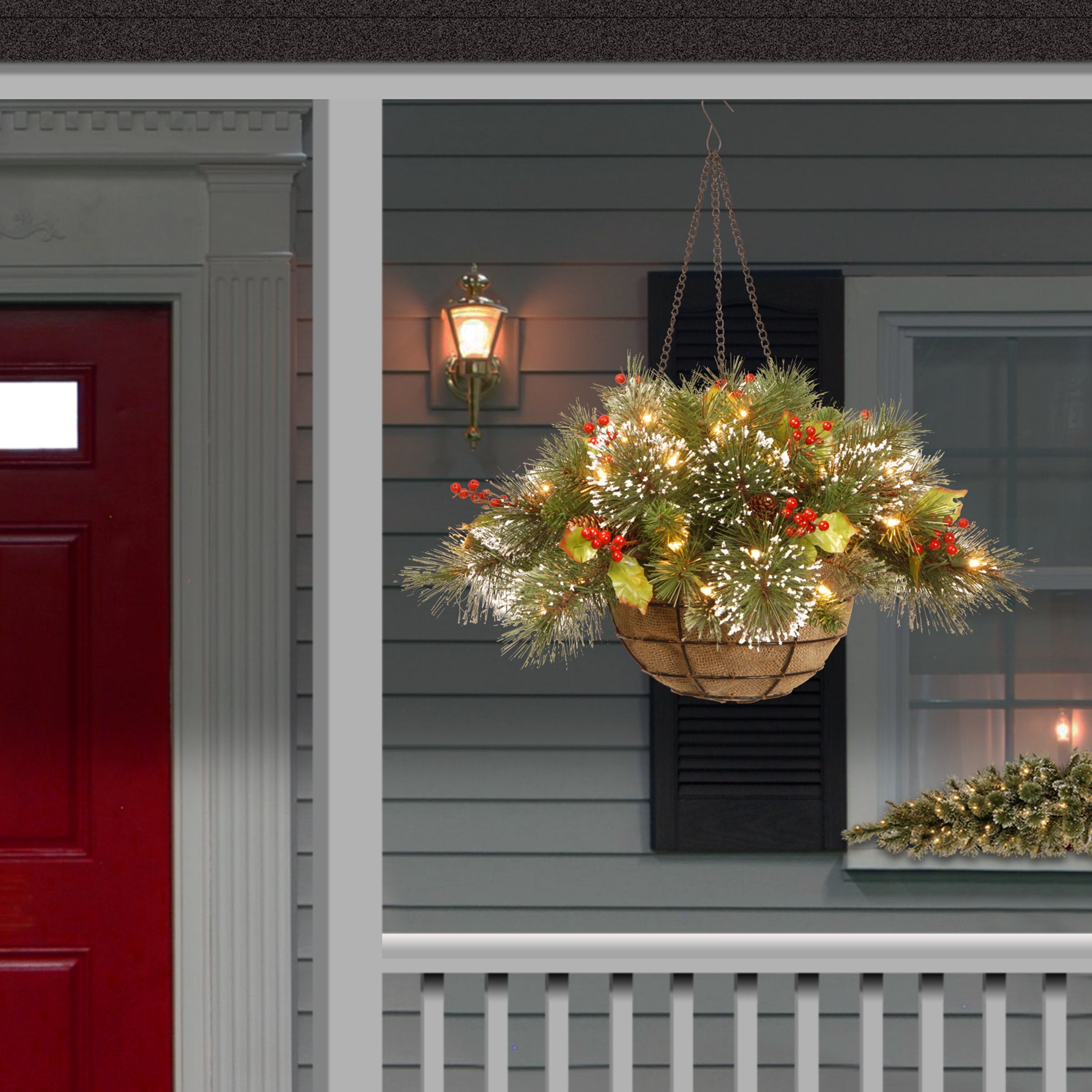 20 in. Pre-Lit Wintry Pine Hanging Basket with Warm White LED Lights