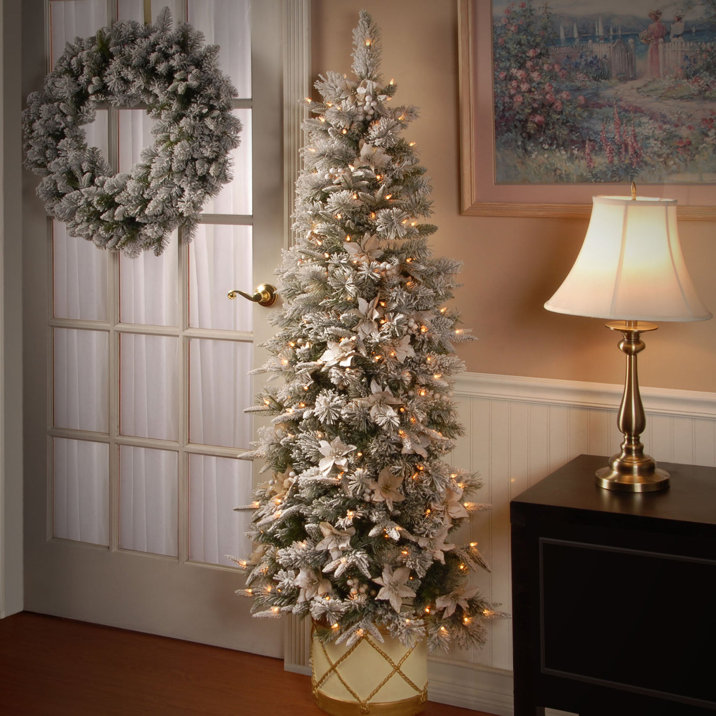 6 ft. Pre-Lit Frosted Colonial Slim Half Tree with Clear Lights