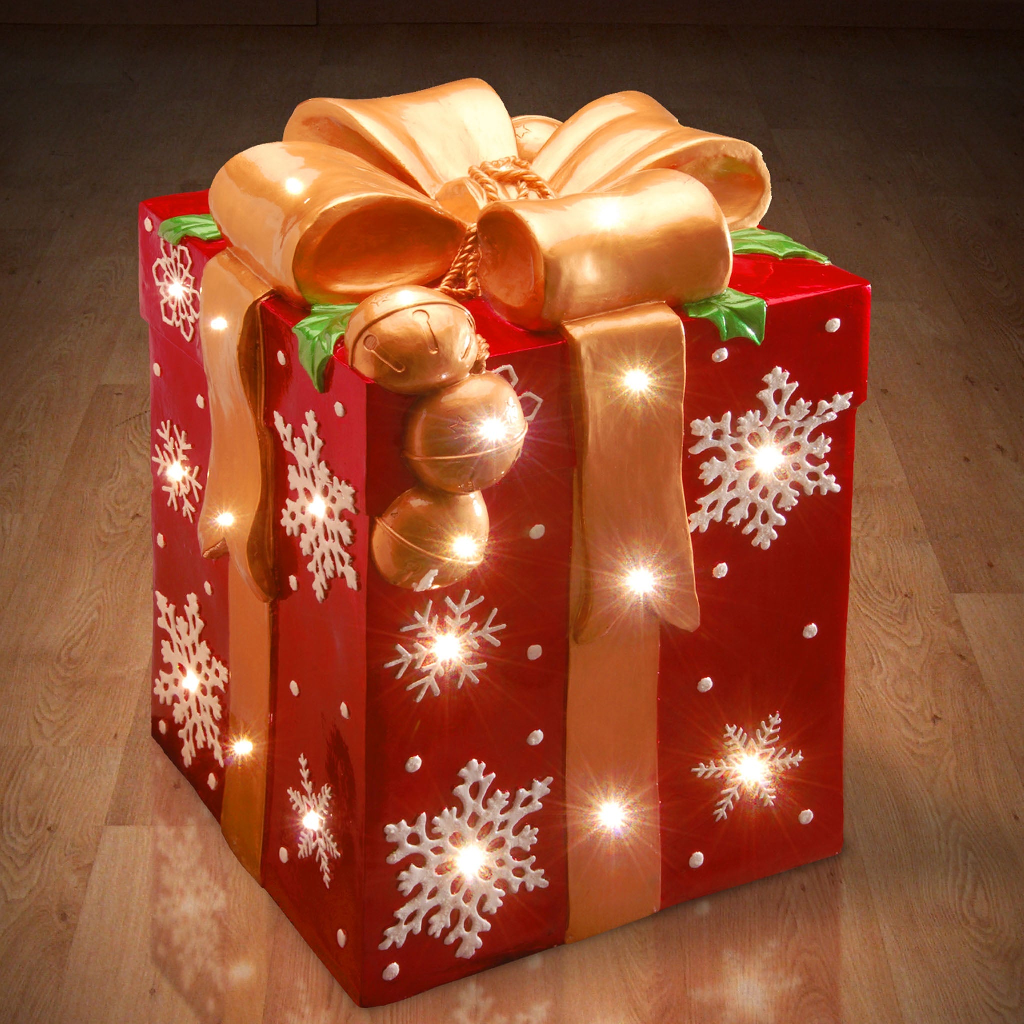 21 in. Pre-Lit LED Red Gift Box with Gold Bow Decor